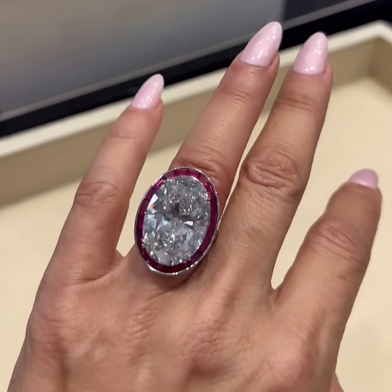 15ct Oval Cut White Sapphire With Rubies Framing Handmade Sterling Silver Engagement Ring