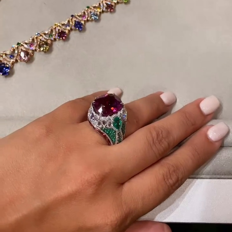7ct Cushion Cut Ruby Surrounded By White Sapphires & Emeralds Sterling Silver Handmade Cocktail Ring