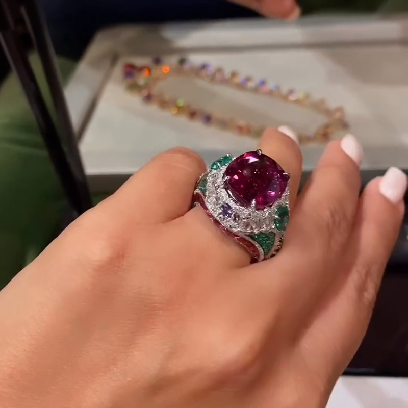 7ct Cushion Cut Ruby Surrounded By White Sapphires & Emeralds Sterling Silver Handmade Cocktail Ring