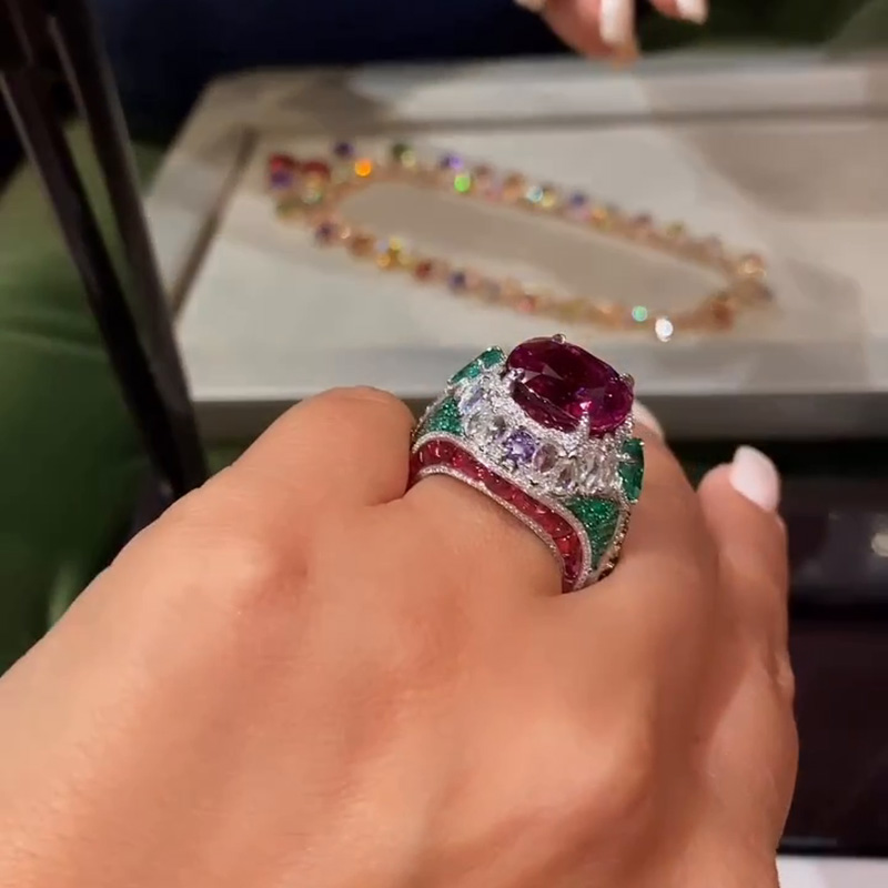 7ct Cushion Cut Ruby Surrounded By White Sapphires & Emeralds Sterling Silver Handmade Cocktail Ring