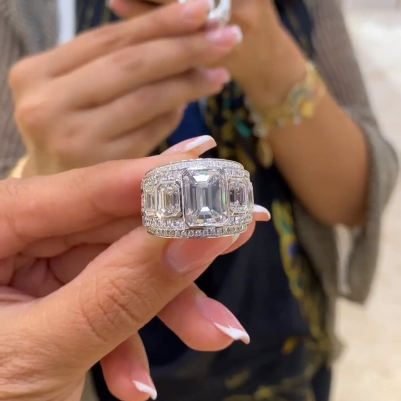 10ct Emerald Cut White Sapphire Pave Handmade Sterling Silver Ring