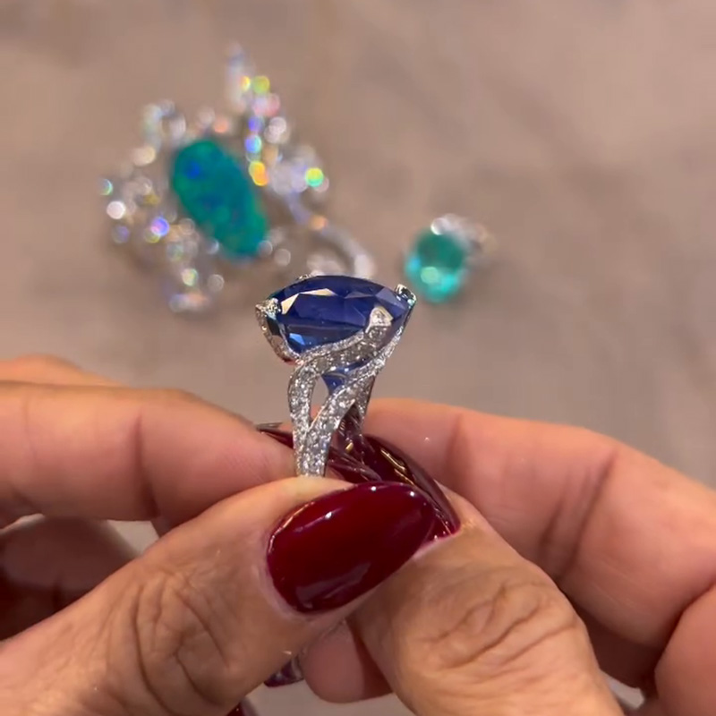 7ct Cushion Cut Blue Sapphire Twist Paved Handmade Engagement Ring