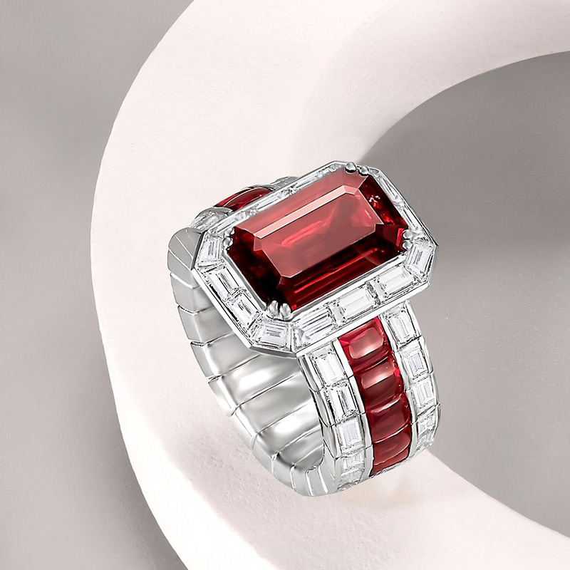 5.5ct Emerald Cut Ruby Accented With Baguette White Sapphire Eternity Rubies Band Handmade Cocktail Ring