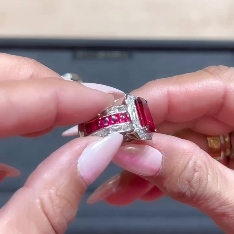 5.5ct Emerald Cut Ruby Accented With Baguette White Sapphire Eternity Rubies Band Handmade Cocktail Ring