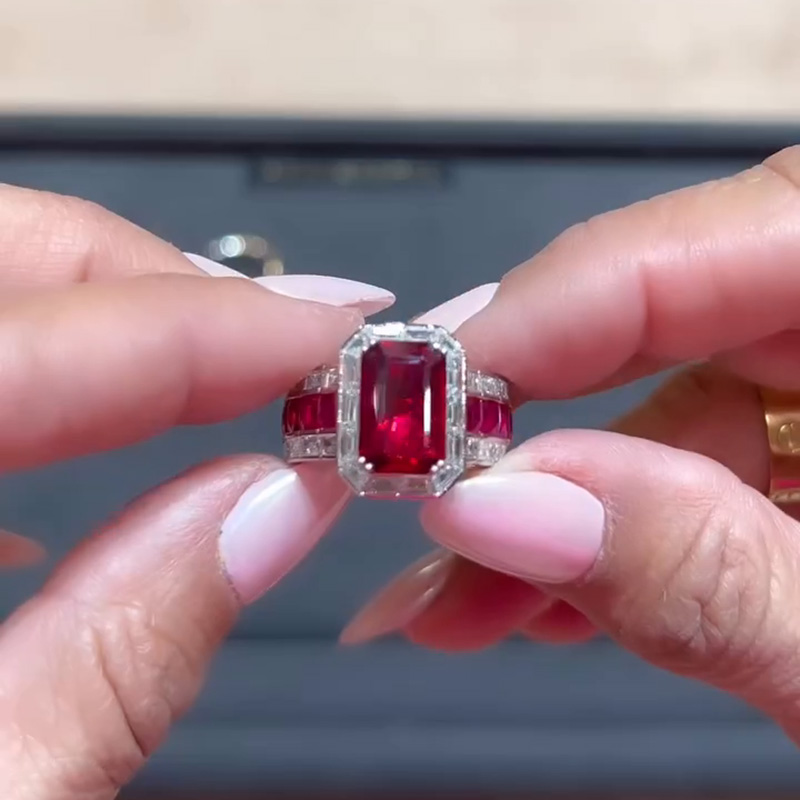 5.5ct Emerald Cut Ruby Accented With Baguette White Sapphire Eternity Rubies Band Handmade Cocktail Ring
