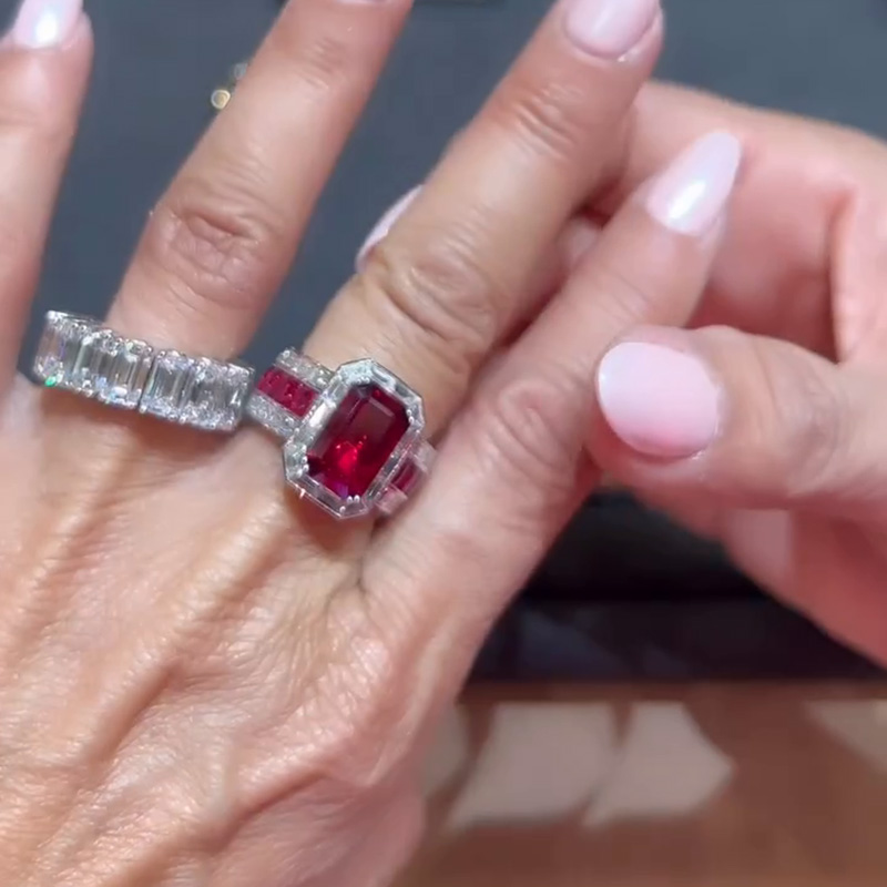 5.5ct Emerald Cut Ruby Accented With Baguette White Sapphire Eternity Rubies Band Handmade Cocktail Ring