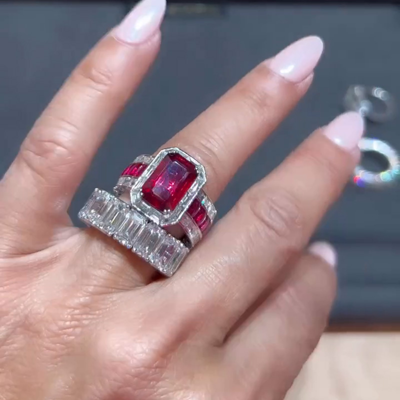 5.5ct Emerald Cut Ruby Accented With Baguette White Sapphire Eternity Rubies Band Handmade Cocktail Ring