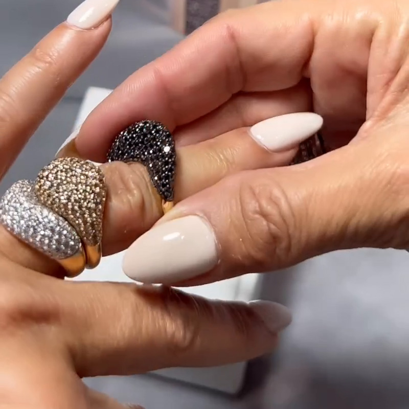 Round Cut White Champagne And Blue Sapphires Paved Handmade Rose Gold Wedding Stackable Band Sets