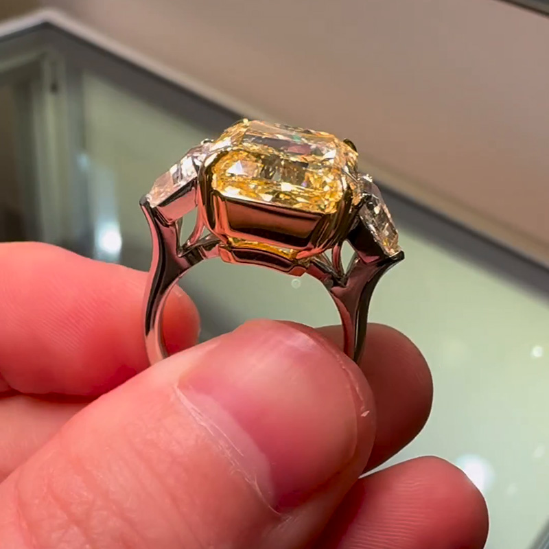 17ct Radiant Cut Fancy Yellow Sapphire Three Stone Handmade Sterling Silver Engagement Ring