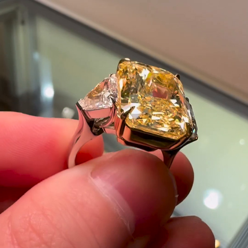 17ct Radiant Cut Fancy Yellow Sapphire Three Stone Handmade Sterling Silver Engagement Ring