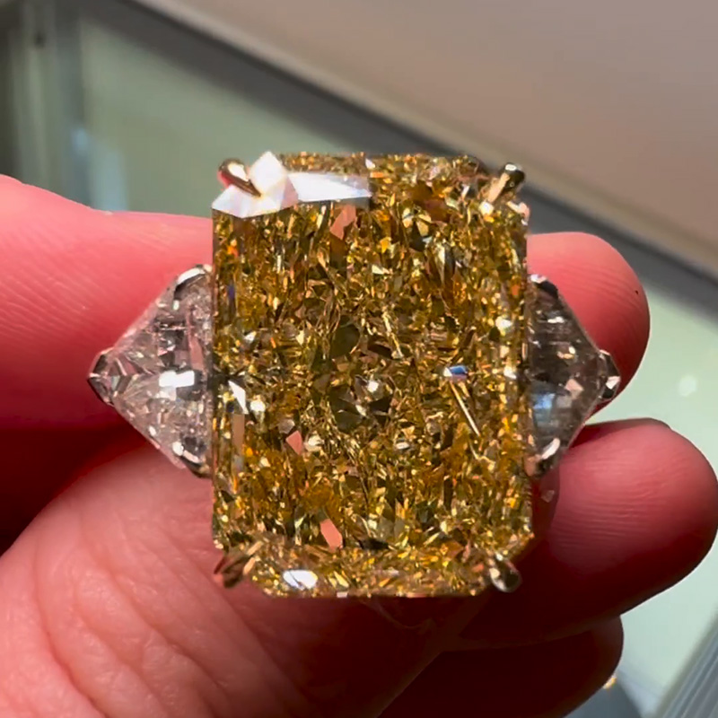 17ct Radiant Cut Fancy Yellow Sapphire Three Stone Handmade Sterling Silver Engagement Ring