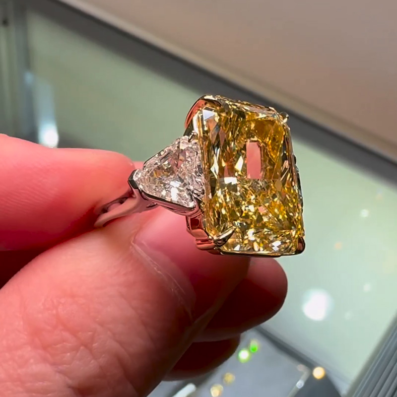 17ct Radiant Cut Fancy Yellow Sapphire Three Stone Handmade Sterling Silver Engagement Ring