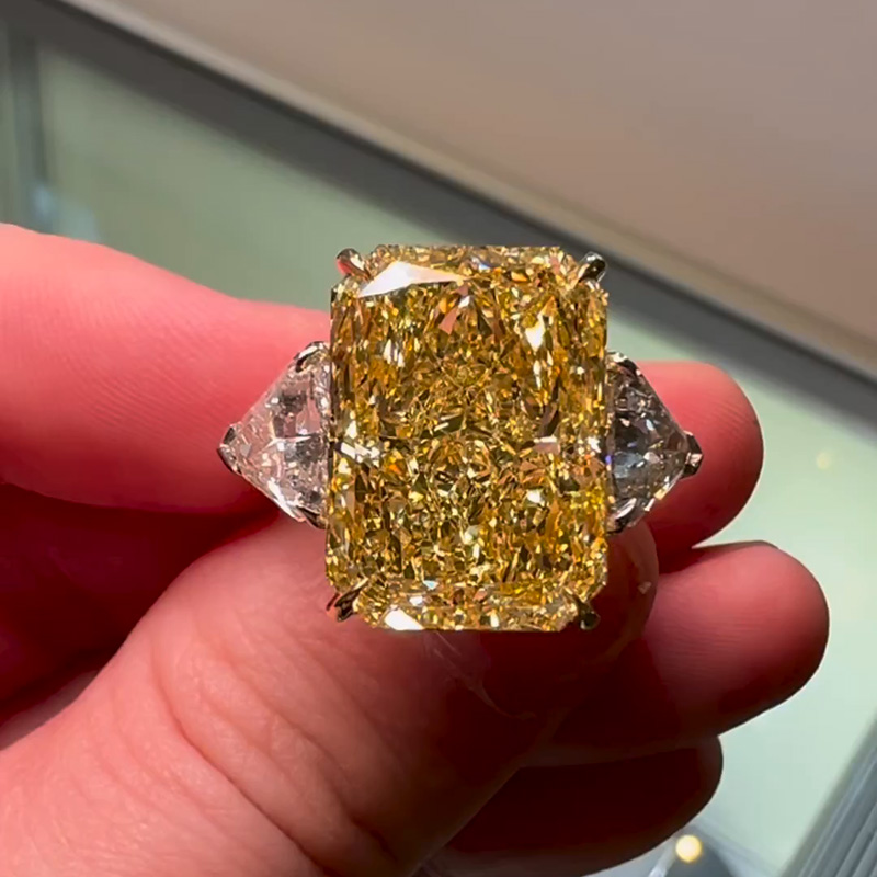 17ct Radiant Cut Fancy Yellow Sapphire Three Stone Handmade Sterling Silver Engagement Ring