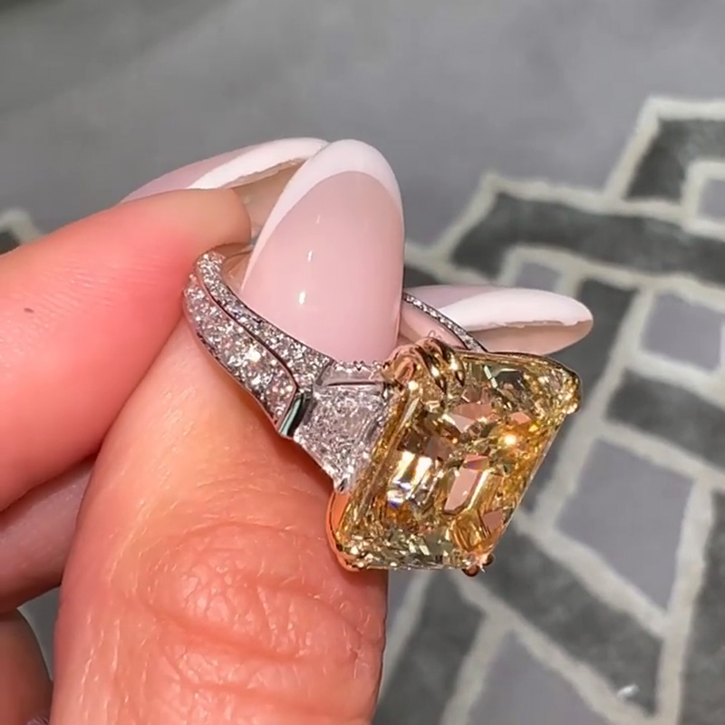 10ct Radiant Cut Yellow Sapphire Three Stone Two Tone Paved Handmade Engagement Ring