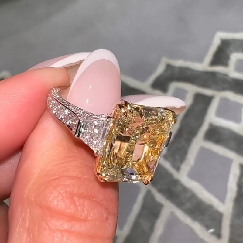 10ct Radiant Cut Yellow Sapphire Three Stone Two Tone Paved Handmade Engagement Ring