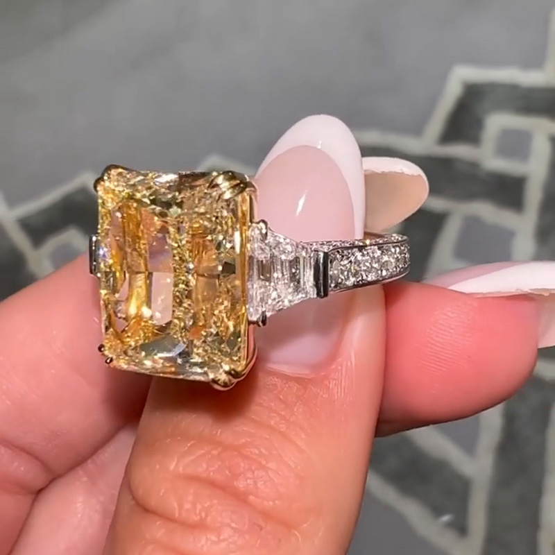 10ct Radiant Cut Yellow Sapphire Three Stone Two Tone Paved Handmade Engagement Ring