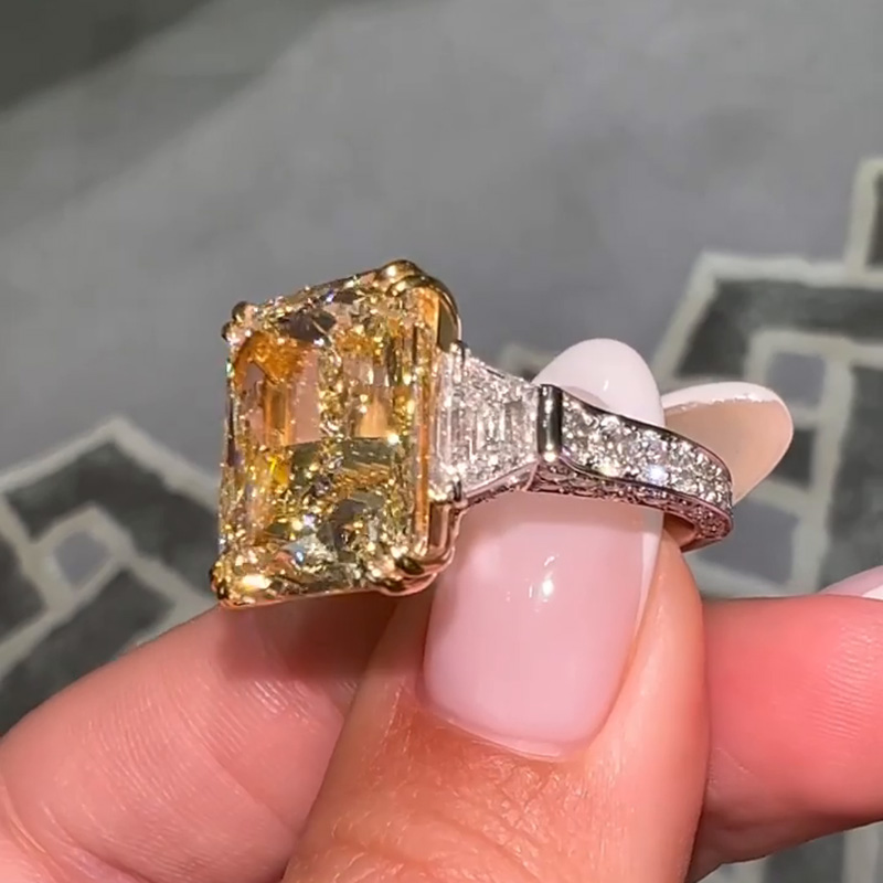 10ct Radiant Cut Yellow Sapphire Three Stone Two Tone Paved Handmade Engagement Ring