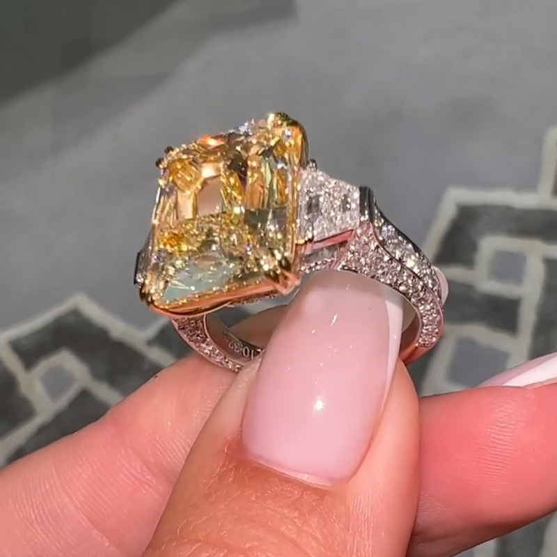 10ct Radiant Cut Yellow Sapphire Three Stone Two Tone Paved Handmade Engagement Ring