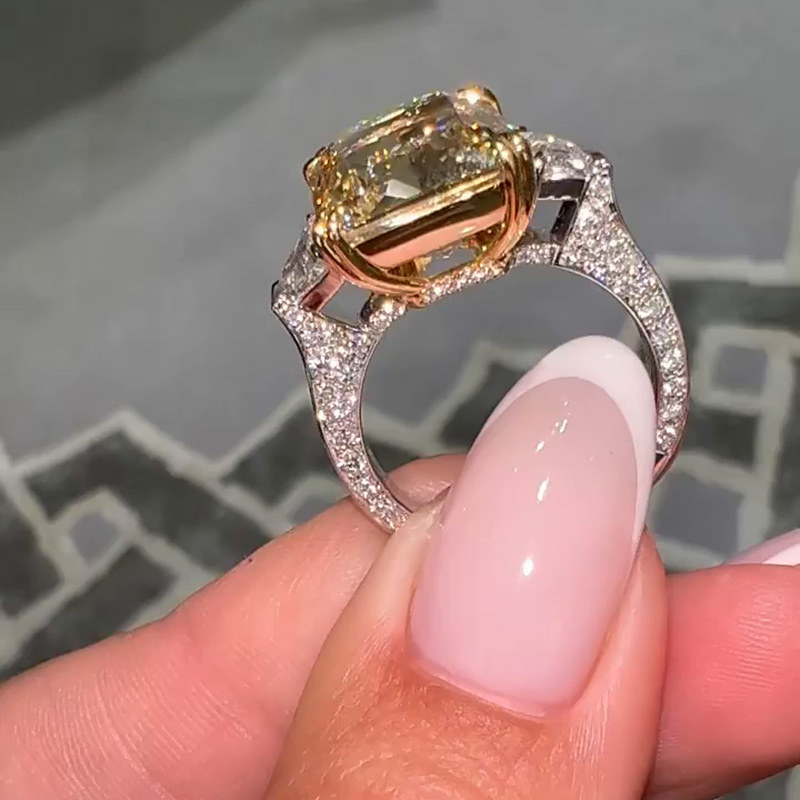 10ct Radiant Cut Yellow Sapphire Three Stone Two Tone Paved Handmade Engagement Ring