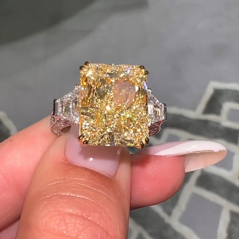 10ct Radiant Cut Yellow Sapphire Three Stone Two Tone Paved Handmade Engagement Ring