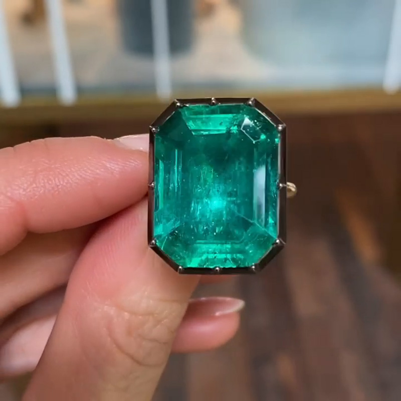 6.5ct Emerald Cut Emerald Green Yellow Gold Handmade Engagement Ring