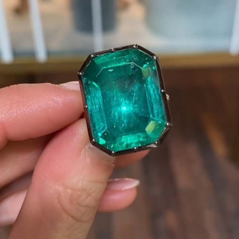 6.5ct Emerald Cut Emerald Green Yellow Gold Handmade Engagement Ring