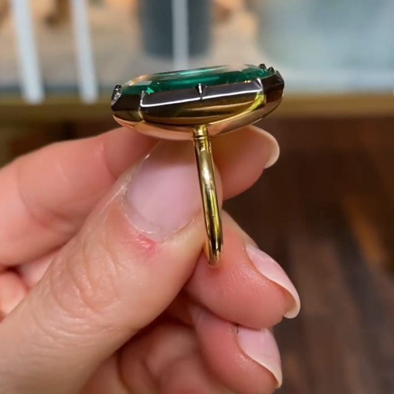 6.5ct Emerald Cut Emerald Green Yellow Gold Handmade Engagement Ring