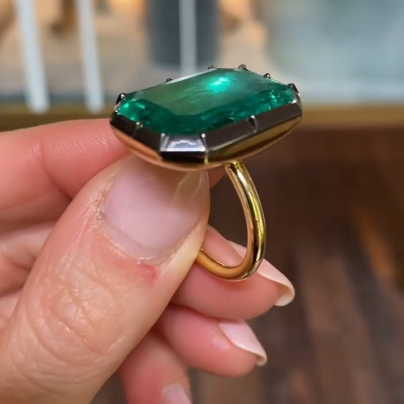 6.5ct Emerald Cut Emerald Green Yellow Gold Handmade Engagement Ring