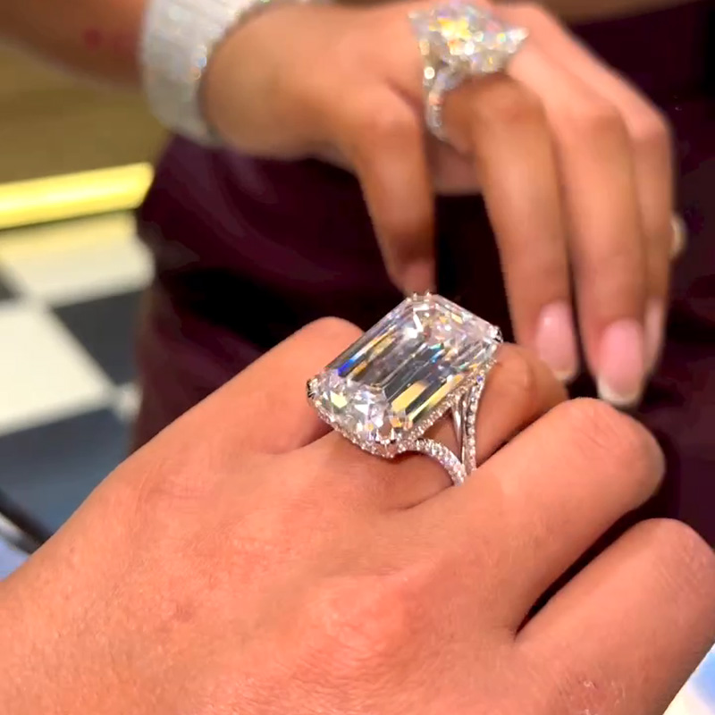 20ct Emerald Cut White Sapphire Paved Handmade Engagement Ring