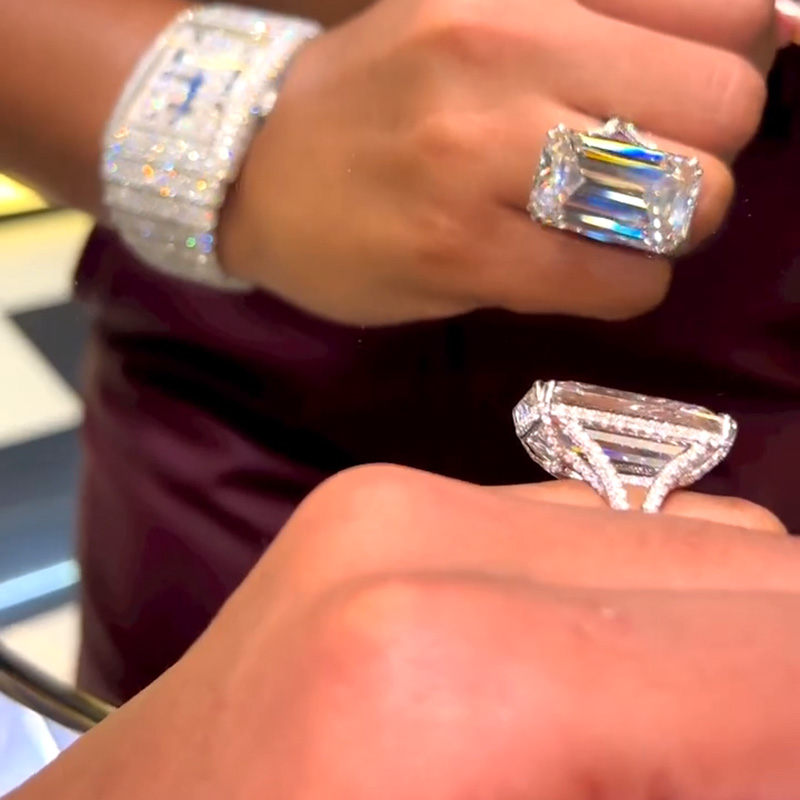 20ct Emerald Cut White Sapphire Paved Handmade Engagement Ring