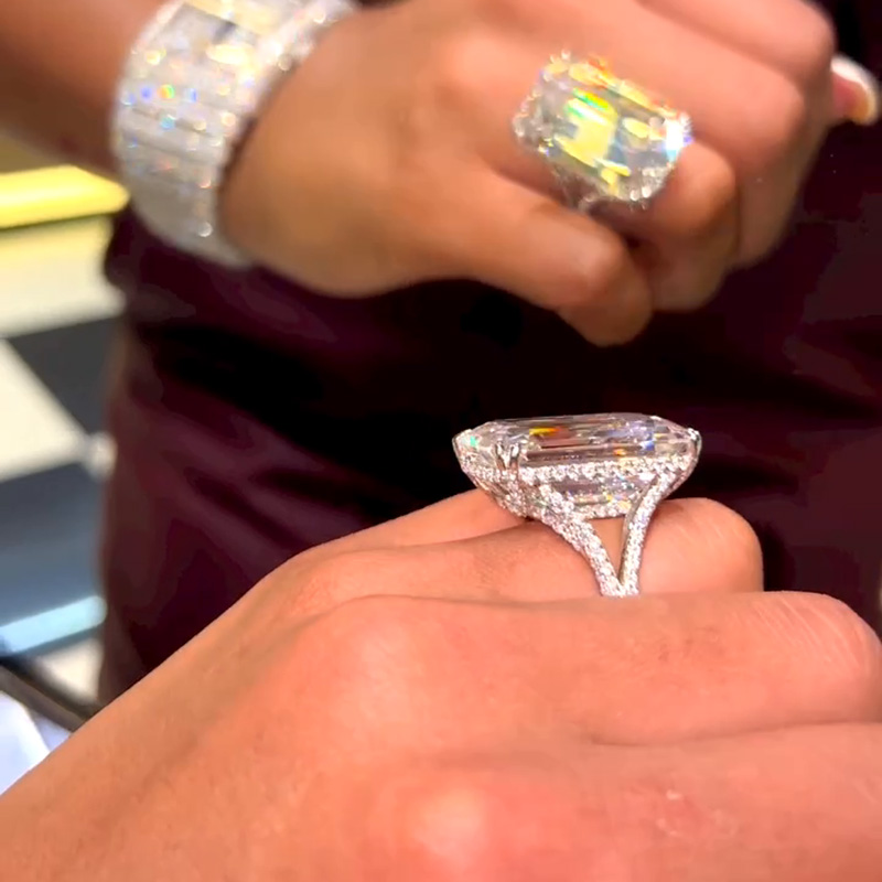 20ct Emerald Cut White Sapphire Paved Handmade Engagement Ring