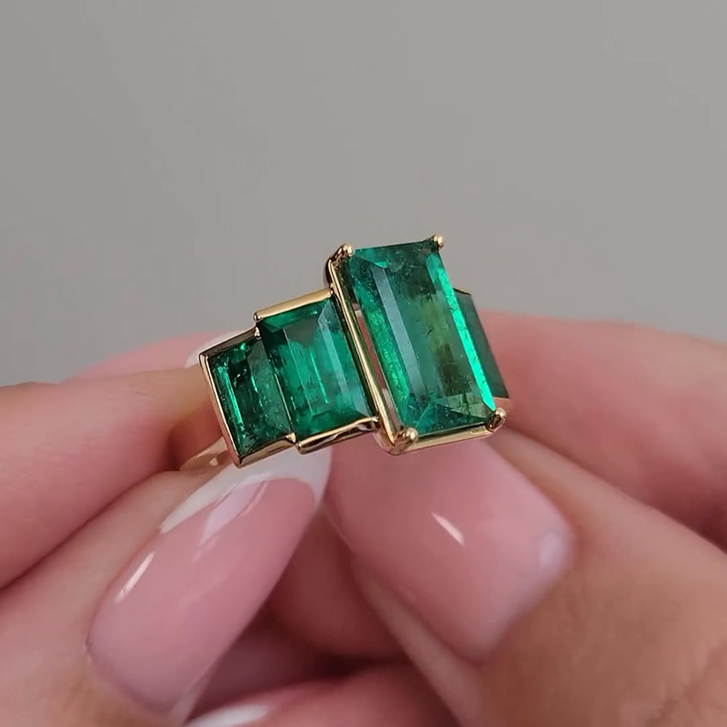 5.6ct Baguette Cut Emerald Yellow Gold Handmade Engagement Ring