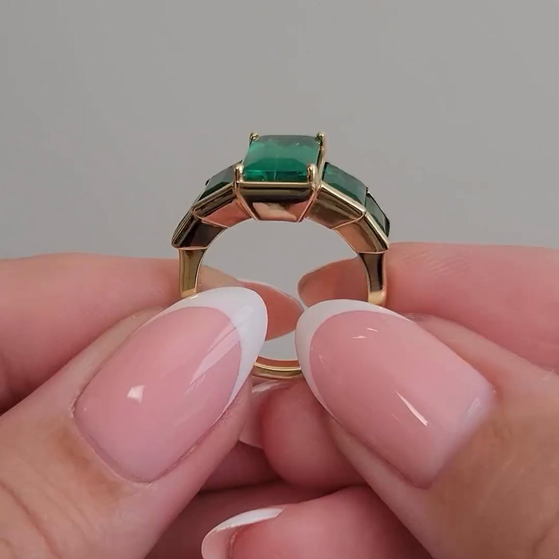 5.6ct Baguette Cut Emerald Yellow Gold Handmade Engagement Ring