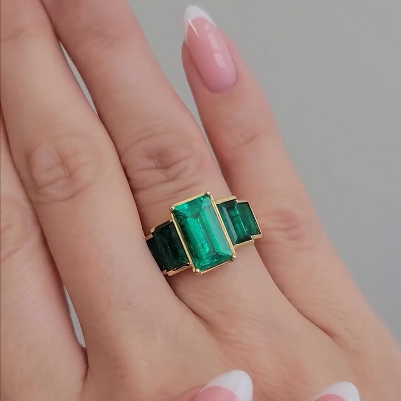 5.6ct Baguette Cut Emerald Yellow Gold Handmade Engagement Ring