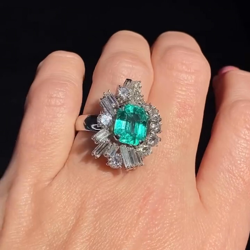 4.5ct Asscher Cut Emerald Cluster Vintage Cocktail Ring