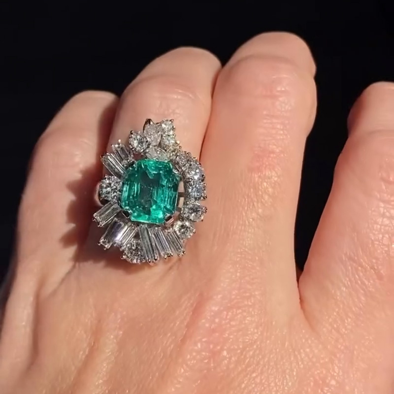 4.5ct Asscher Cut Emerald Cluster Vintage Cocktail Ring