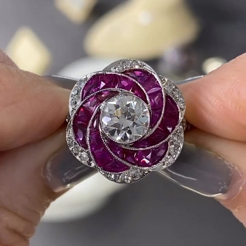 1.5ct Round Cut White Sapphire Ruby Rose Flower Spiral Cocktail Engagement Ring