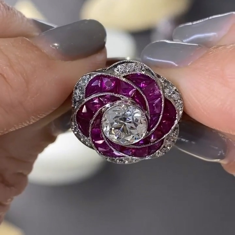 1.5ct Round Cut White Sapphire Ruby Rose Flower Spiral Cocktail Engagement Ring