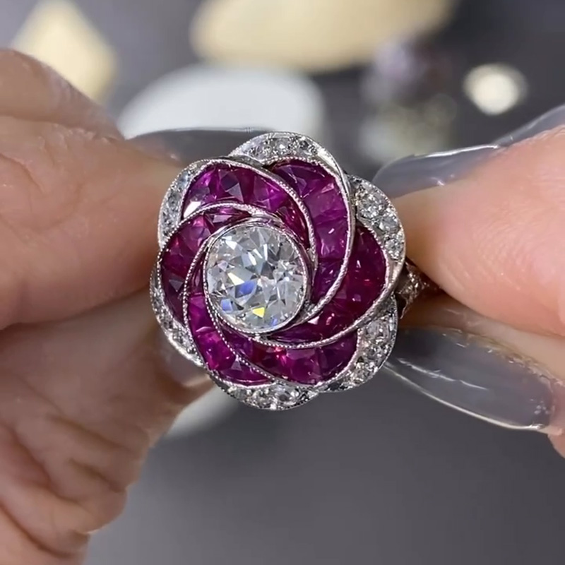 1.5ct Round Cut White Sapphire Ruby Rose Flower Spiral Cocktail Engagement Ring