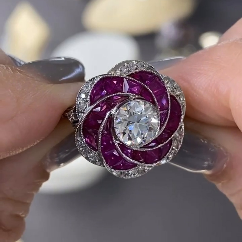 1.5ct Round Cut White Sapphire Ruby Rose Flower Spiral Cocktail Engagement Ring