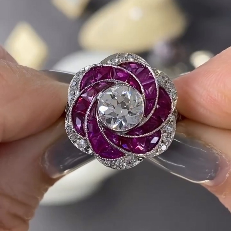 1.5ct Round Cut White Sapphire Ruby Rose Flower Spiral Cocktail Engagement Ring