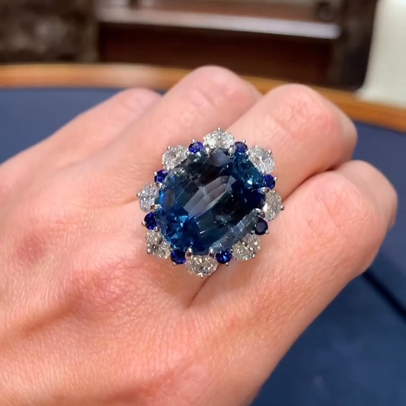 17.38ct Oval Cut Aquamarine Halo Handmade Sterling Silver Ring