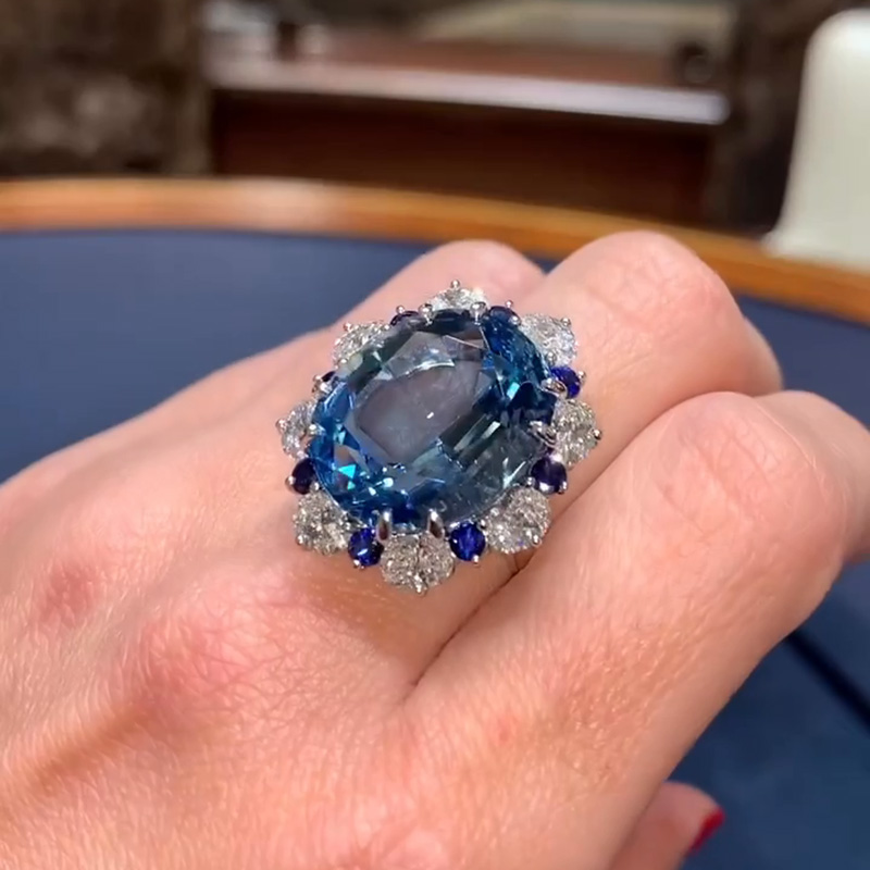 17.38ct Oval Cut Aquamarine Halo Handmade Sterling Silver Ring