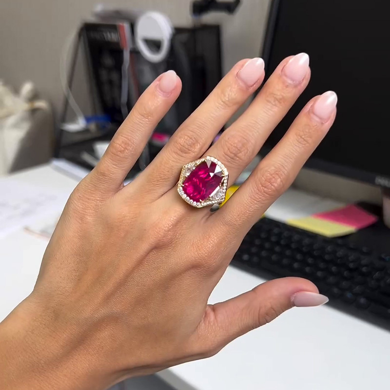 10ct Cushion Cut Ruby Halo Paved Vintage Yellow Gold Handmade Ring