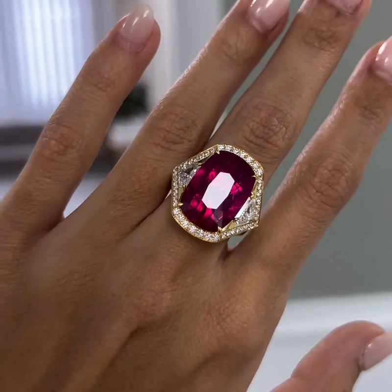 10ct Cushion Cut Ruby Halo Paved Vintage Yellow Gold Handmade Ring