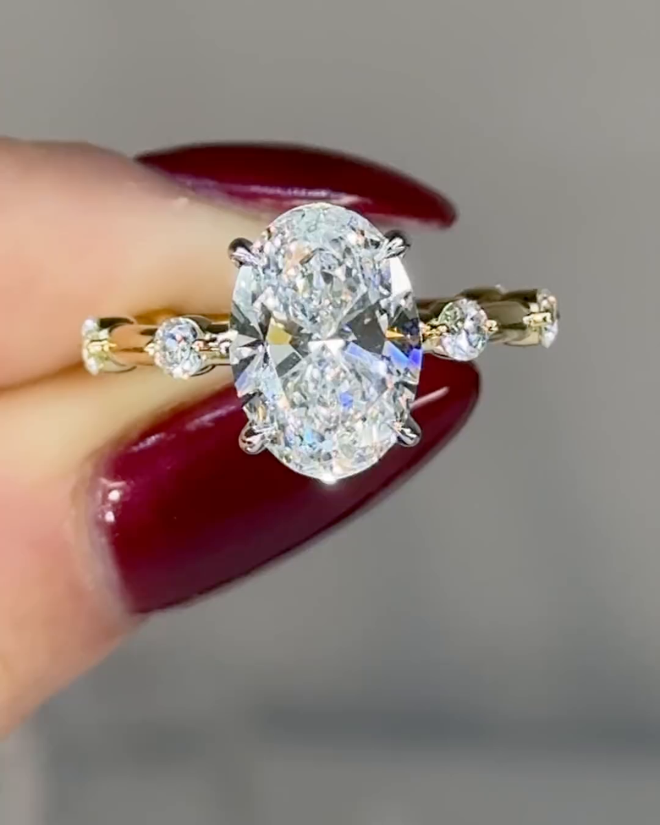2ct Oval Cut White Sapphire Hidden Halo Yellow Gold Engagement Ring