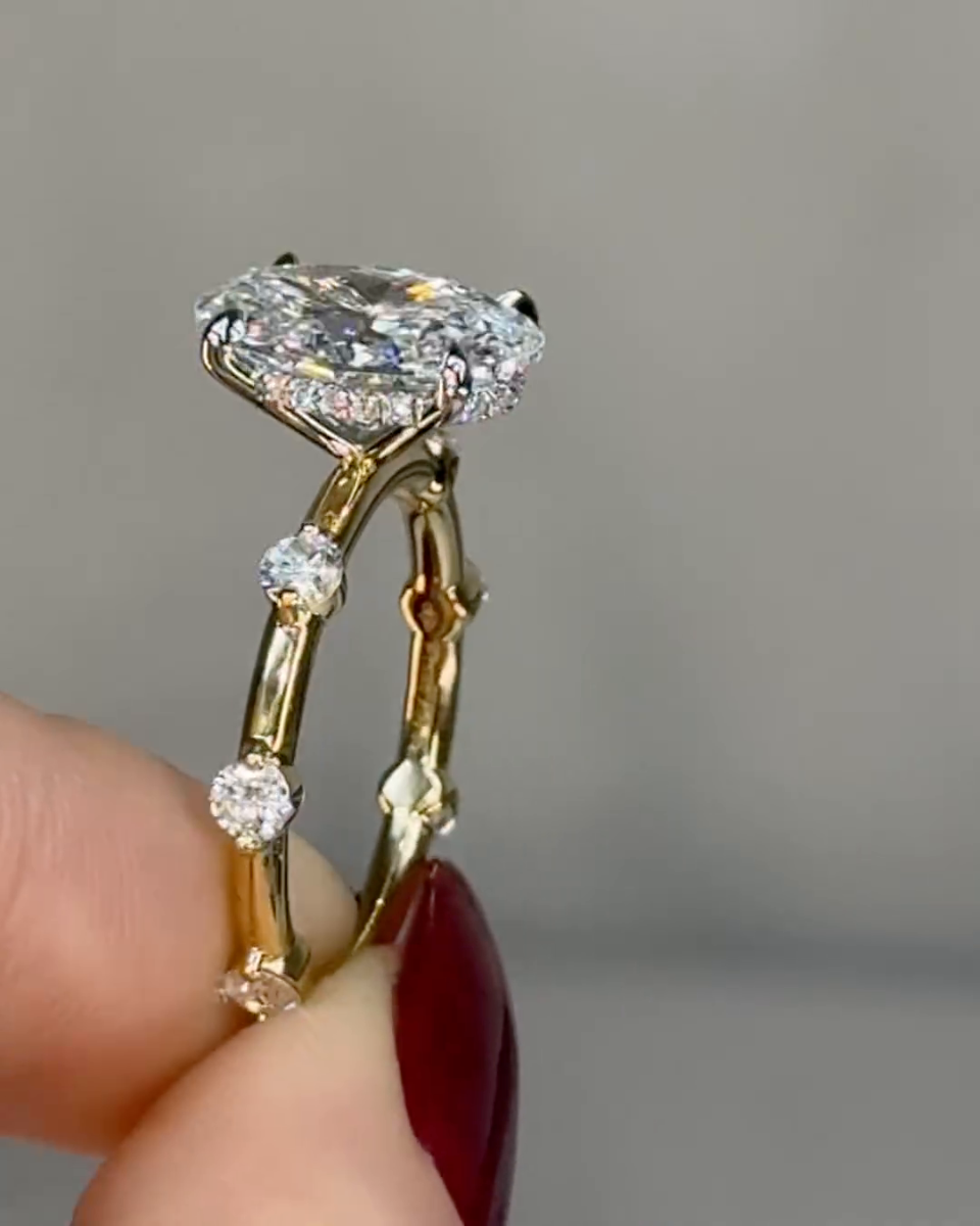2ct Oval Cut White Sapphire Hidden Halo Yellow Gold Engagement Ring