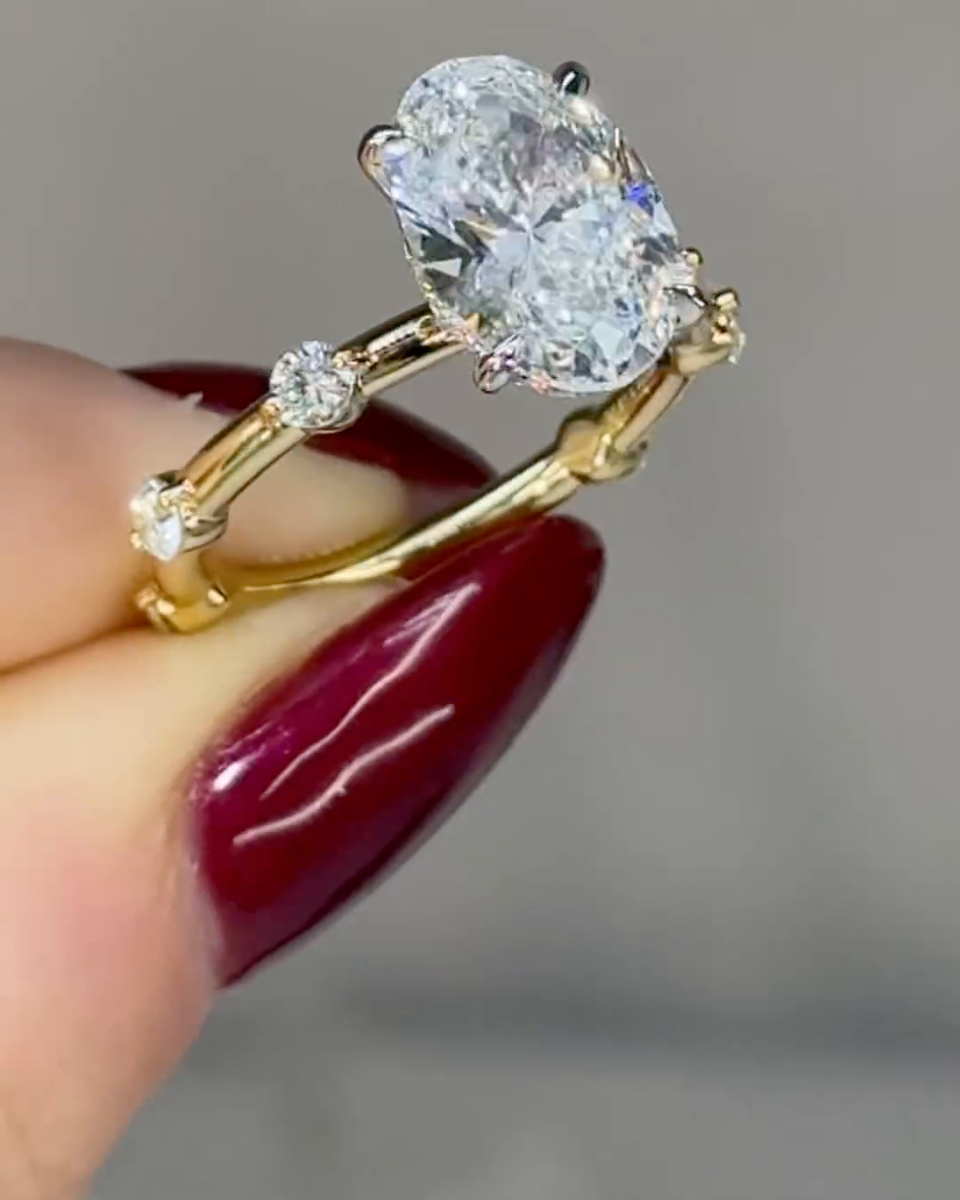 2ct Oval Cut White Sapphire Hidden Halo Yellow Gold Engagement Ring