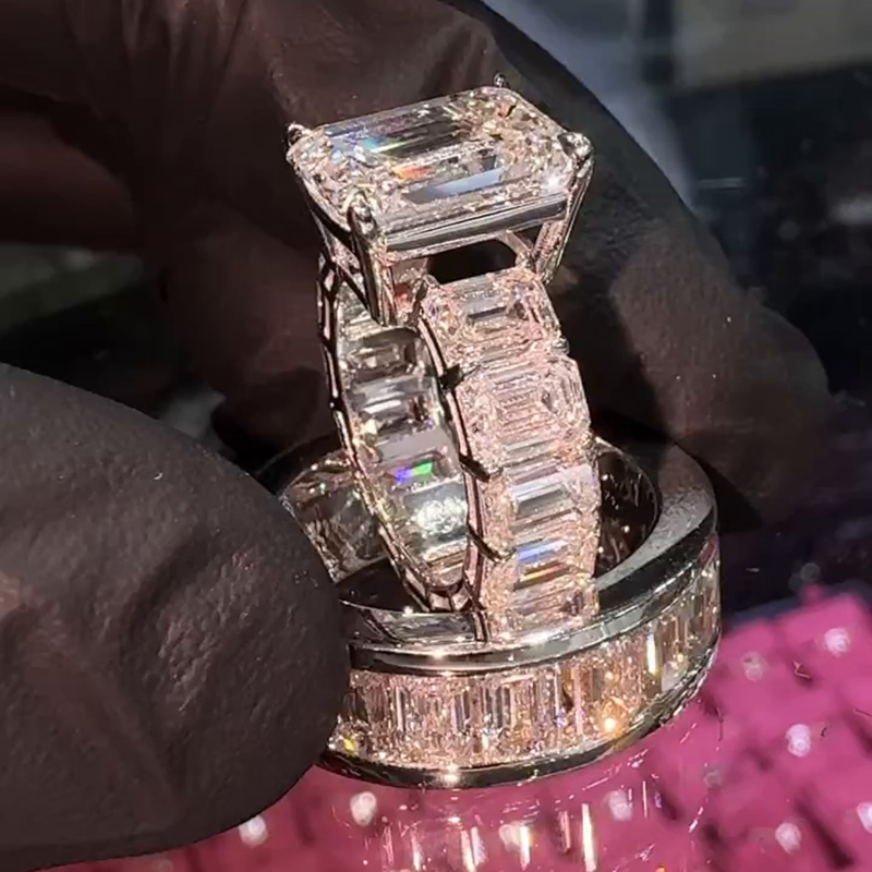 6ct Emerald Cut White Sapphire Men's 2-Piece Ring Set