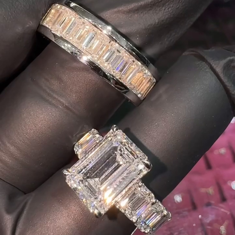 6ct Emerald Cut White Sapphire Men's 2-Piece Ring Set